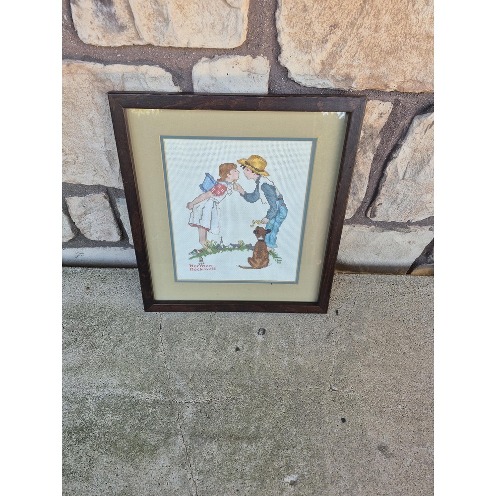 Vintage 1988 Norman Rockwell Cross Stitch Framed Wall Art Americana Cottagecore